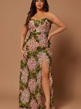 Fashion Nova Strapless Pink Floral Appliqué Gown with Green Leaves